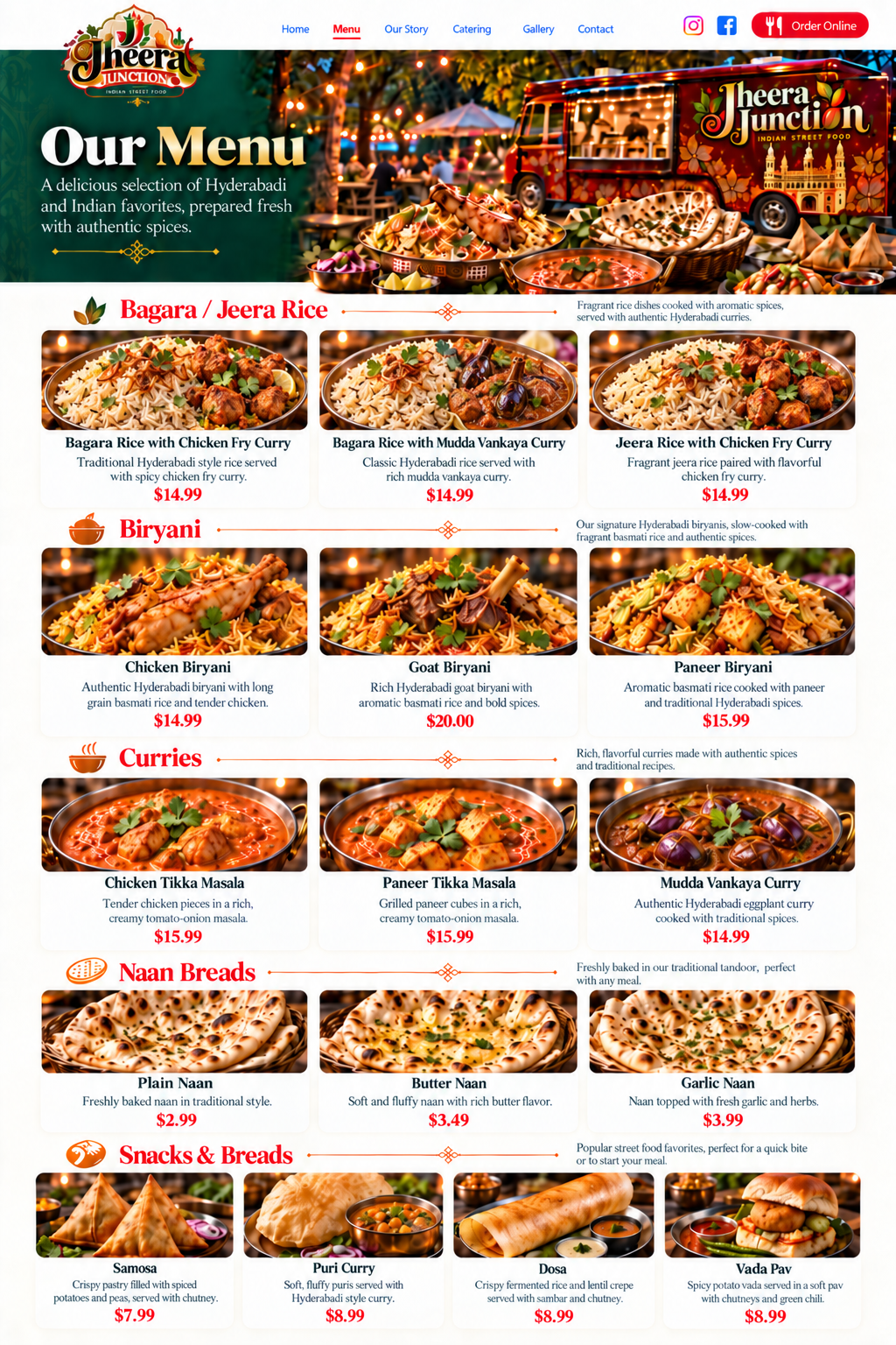 Jheera Junction menu showing Bagara and Jeera Rice, Chicken Goat and Paneer Biryani, Curries, Naan Breads, Samosa, Puri Curry, Dosa and Vada Pav with prices.